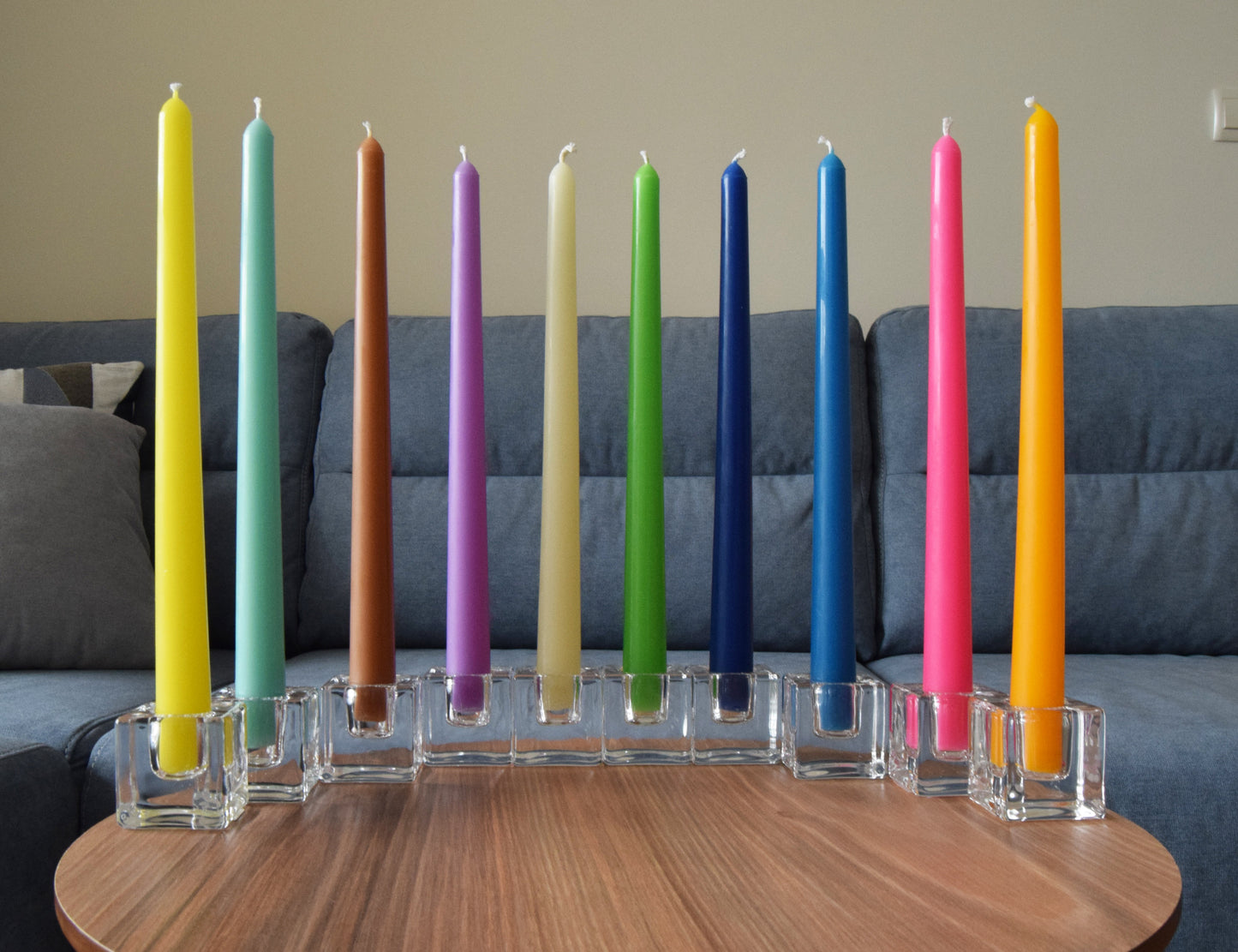 Spiral Beeswax Taper candles in differen colours and cube glass candle holders