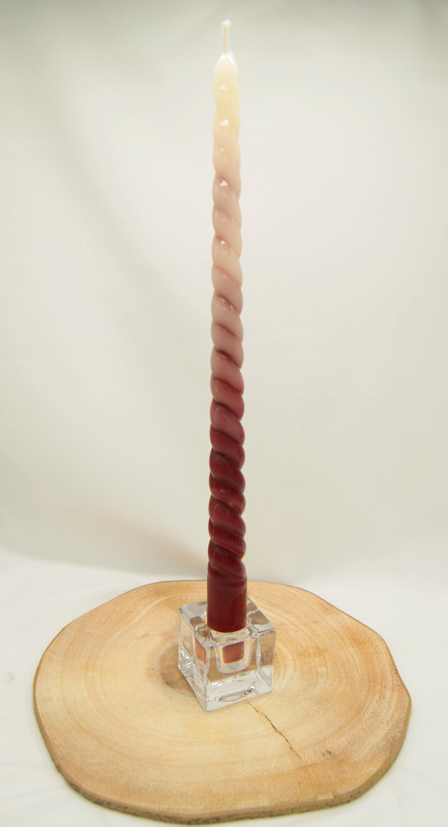 Bordo and White colored Beeswax Ombre Taper Candle in cube glass candle holder